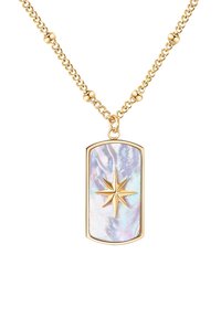 Goldfarbene Halskette mit einem rechteckigen Anhänger, der ein Sternmotiv über schimmerndem Abalone-Schalen zeigt, aufgehängt an einer Kette aus Perlen-Links.
