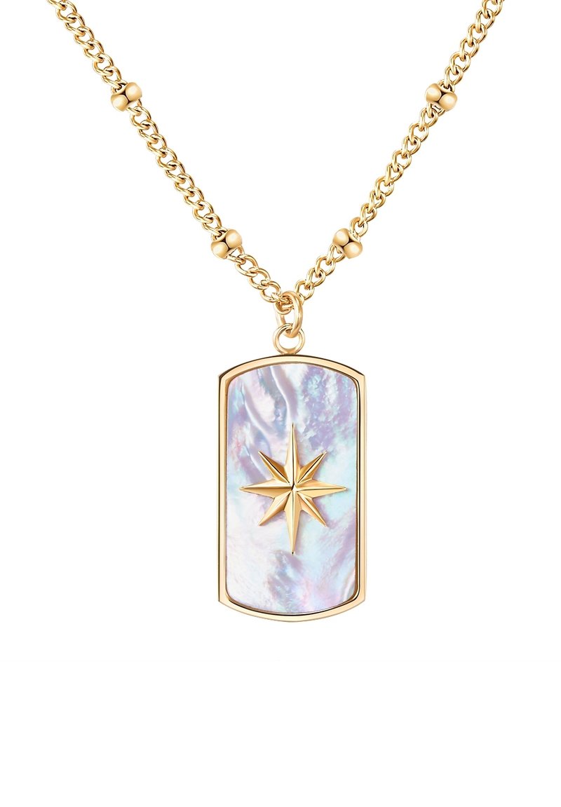 Goldfarbene Halskette mit einem rechteckigen Anhänger, der ein Sternmotiv über schimmerndem Abalone-Schalen zeigt, aufgehängt an einer Kette aus Perlen-Links.