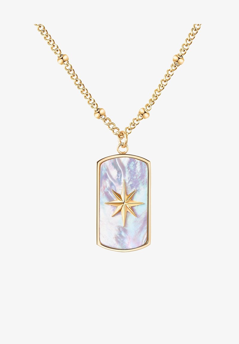 Gouden ketting met een rechthoekige hanger met een sterontwerp op iriserende abalone schelp, hangend aan een kralen schakelketting.