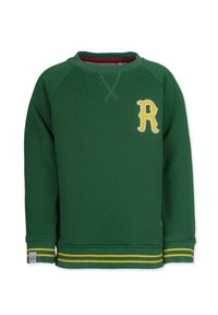 Grön sweatshirt med gult "R"-logotyp. Har ribbade ärmslut och nederkant med dubbla gula ränder. Tillverkad av mjukt material, rund halsringning.