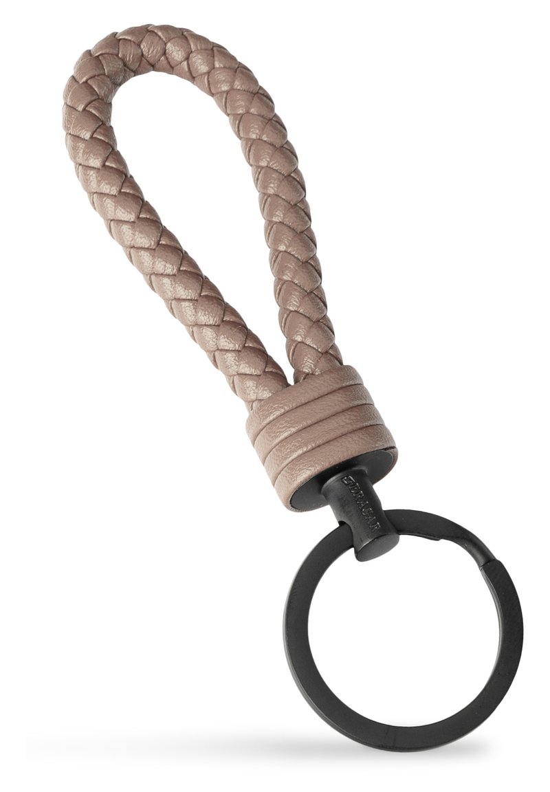 Braided leather keychain in soft taupe color with a black metal ring. Features a textured finish and a wrapped leather accent near the ring.