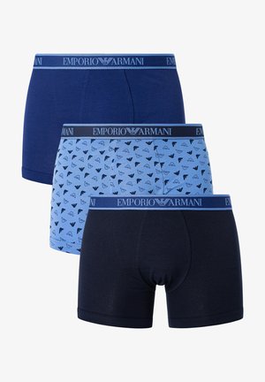 Three pairs of boxer briefs: dark navy, light blue with a repeated black logo pattern, and solid navy. Elastic waistband with brand logo.