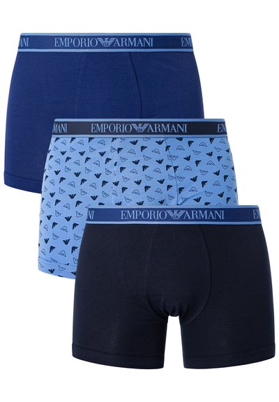 Three pairs of boxer briefs: dark navy, light blue with a repeated black logo pattern, and solid navy. Elastic waistband with brand logo.