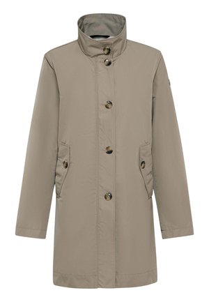 Beige long women's coat with high collar, front button closure, and buttoned flap pockets on each side.