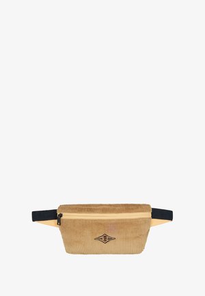 Marsupio in corduroy color beige, con zip superiore, spallaccio in nylon nero e patch logo al centro. Tessuto testurizzato con motivo a righe.