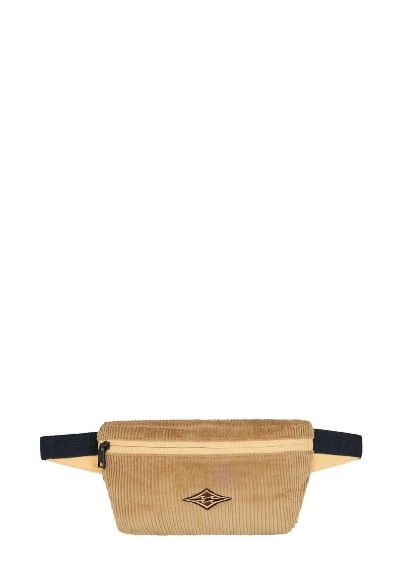 Marsupio in corduroy color beige, con zip superiore, spallaccio in nylon nero e patch logo al centro. Tessuto testurizzato con motivo a righe.