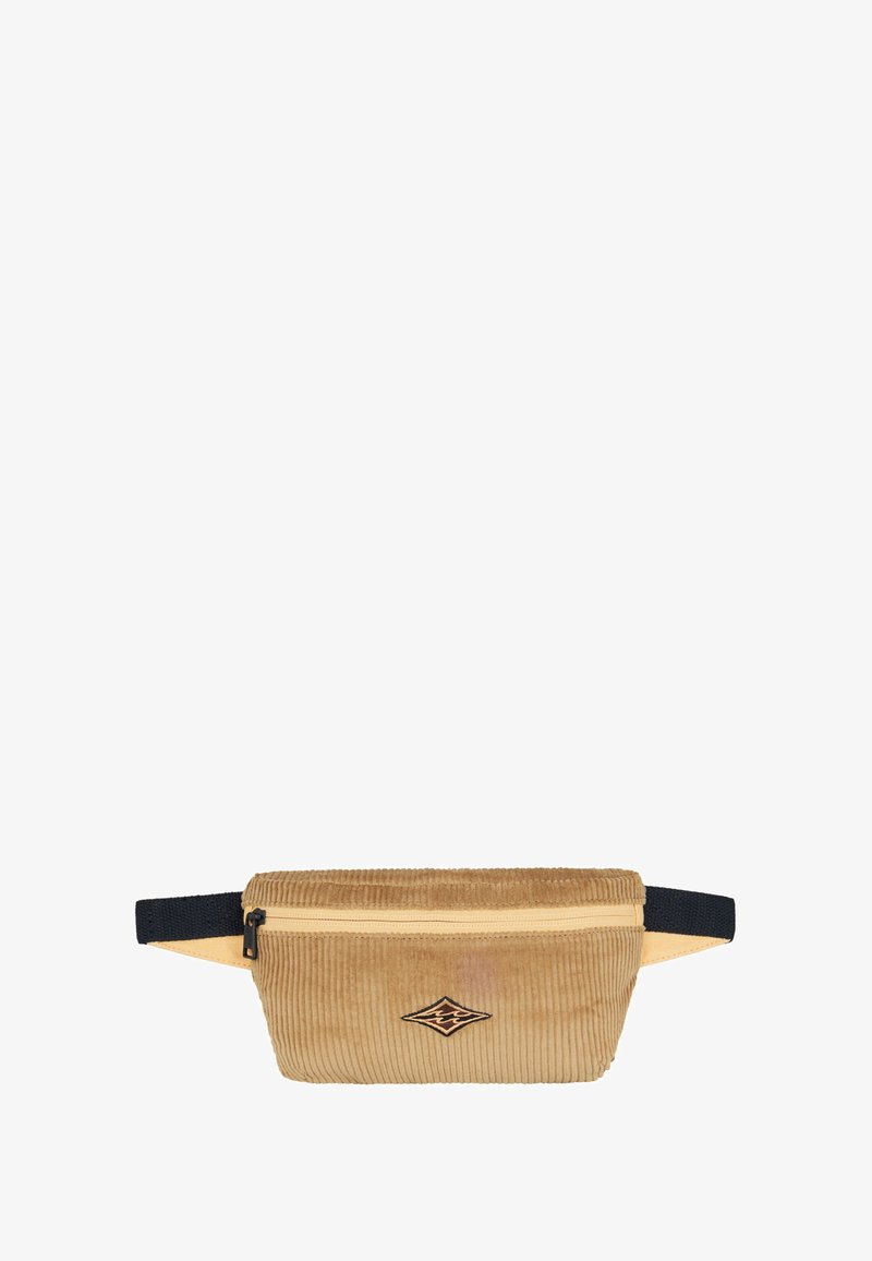 Marsupio in corduroy color beige, con zip superiore, spallaccio in nylon nero e patch logo al centro. Tessuto testurizzato con motivo a righe.