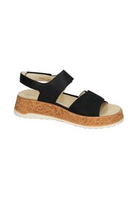 Zwarte sandaal met een kurken plateau, open teen en verstelbare band. Zachte textuur aan de bovenkant en een gevoerd voetbed voor comfort.