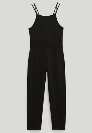 Black sleeveless jumpsuit with thin double shoulder straps and straight-leg pants on light gray background.