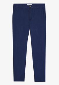 Navy blue chinos made from cotton blend fabric. Features a button closure, belt loops, and side pockets. Smooth texture and tailored fit.