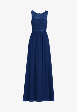 Navy blue maxi dress with a lace bodice, sleeveless design, scalloped neckline, and a flowing skirt made of lightweight fabric.
