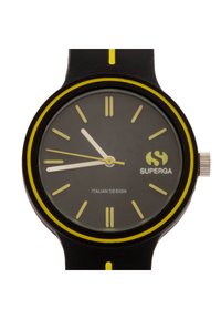 Reloj negro con una esfera redonda, acentos amarillos y marcadores de hora blancos. Presenta una corona plateada y "DISEÑO ITALIANO" en la esfera.