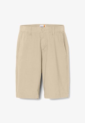 Beige shorts made of cotton with a button closure, front pockets, and a straight-leg design. Smooth texture and simple stitching detail.