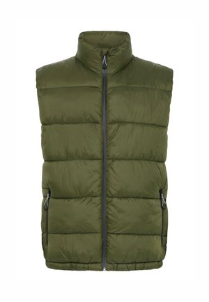 Gepolsterte olivgrüne Weste mit hohem Kragen, Reißverschluss vorne und zwei seitlichen Taschen. Verfügt über eine steppierte Textur und ein leichtes Design.