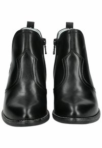 Botas de cuero negro hasta el tobillo con un acabado suave, que cuentan con cierres de cremallera en los laterales y un diseño de puntera redonda.