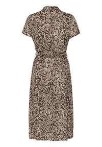 Robe marron longueur genou avec manches courtes et motif floral abstrait beige, taille cintrée et col, vue de dos.