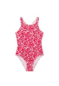 Maillot de bain une pièce en rose vif avec un motif floral blanc, présentant des bretelles larges et un col rond. Texture du tissu lisse.