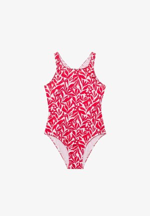 Eén-piece badpakken in levendig roze met wit bloemenpatroon, met brede schouderbanden en een ronde halslijn. Gladde stoftextuur.