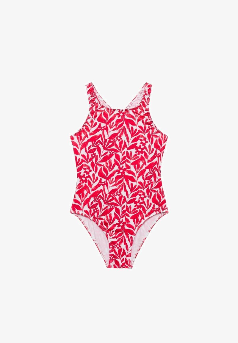 One-piece swimsuit in vibrant pink with white floral pattern, featuring wide straps and a round neckline. Smooth fabric texture.