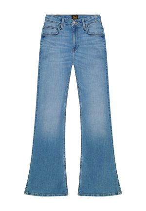 Τζιν με φαρδιά παντελόνια σε ελαφρύ μπλε χρώμα, ψηλόμεσο, με πέντε τσέπες, κλείσιμο με κουμπί και φερμουάρ, και μαύρη ετικέτα της μάρκας Lee στη μέση.