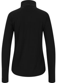 Long-sleeve black pullover with a high collar, made of smooth fabric. Features a simple design with no visible logos or patterns.