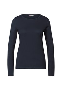 Marinblå långärmad t-shirt gjord av mjukt tyg. Har en rund halsringning och en åtsittande design utan framträdande mönster eller dekorationer.