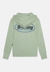 Mint green hoodie with a large navy "Big Song" logo on the back, featuring a classic hood and ribbed cuffs and hem. Soft, cotton material.
