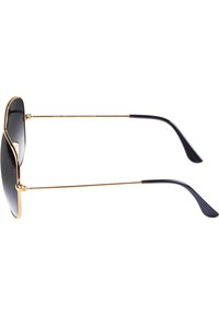 Goldfarbene Metallsonnenbrille mit einem dunkelgrauen Verlaufsglas, ausgestattet mit einem schlanken, eleganten Rahmen und schwarzen Bügeln.
