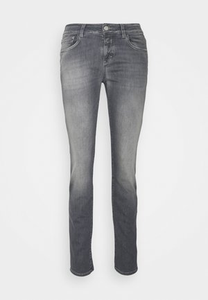 Mid-rise slim-fit harmaat farkut, joissa edessä nappikiinnitys, vetskarisulku ja viiden taskun malli.