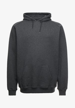 Dark gray hoodie made of soft material, featuring a drawstring hood, a front kangaroo pocket, ribbed cuffs, and a relaxed fit.