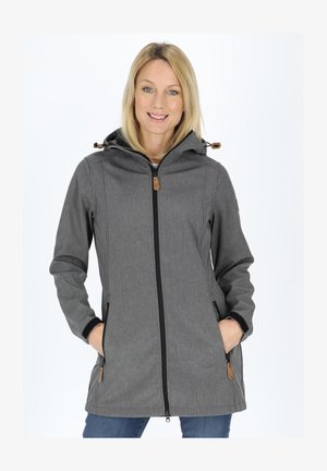 Gray blend jacket with a hood, visible zippers, black accents, and side pockets. Features a clean design and textured fabric.