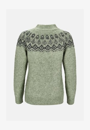 Grüner Strickpullover mit hohem Kragen, der eine dunkle gemusterte Passe und gerippte Bündchen aufweist, aus einer weichen, strukturierten Wollmischung gefertigt.