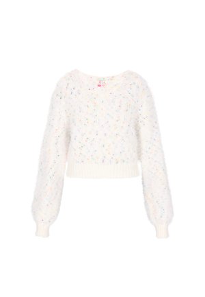 Suéter recortado blanco y esponjoso con manchas de colores, cuello redondo y mangas largas con puños y dobladillo acanalados. Textura suave.