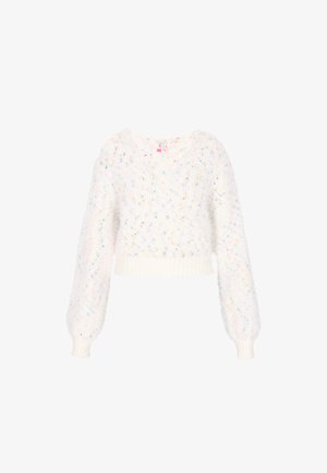Hvid fluffy cropped sweater med farverige sprøjt, rund halsudskæring og lange ærmer med ribbet manchetter og kant. Blød tekstur.