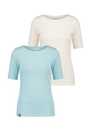 Zwei einfarbige Kurzarm-T-Shirts mit Rundhalsausschnitt, eines hellblau vorne und eines cremeweiß hinten, auf weißem Hintergrund dargestellt.