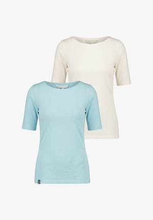 Zwei einfarbige Kurzarm-T-Shirts mit Rundhalsausschnitt, eines hellblau vorne und eines cremeweiß hinten, auf weißem Hintergrund dargestellt.