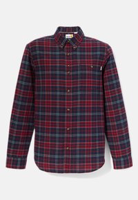 Camicia a maniche lunghe a quadri rossi e blu con colletto a punta, taschino sul petto e bottoni marroni realizzata in un tessuto morbido.