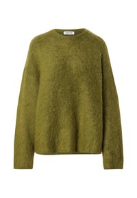 Olivgrüner Strickpullover aus weichem, strukturiertem Material. Hat einen Rundhalsausschnitt und lange Ärmel mit einer lockeren, kastigen Passform.