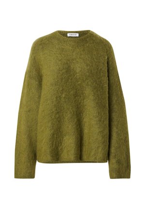 Olive green knit sweater made of soft, textured fabric. Features a crew neckline and long sleeves with a relaxed, boxy fit.