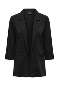 Blazer nero con maniche a tre quarti, tessuto testurizzato, apertura frontale, rever a punta e tasche laterali. Bottoni sui polsini.