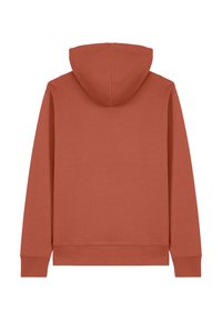Roestkleurige hoodie met een trekkoord in de capuchon, lange mouwen en geribde manchetten. Zachte textuur, reikend tot aan een zoom op de taille.