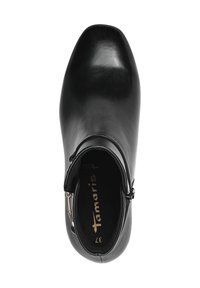 Black leather ankle boot with a square toe, sleek design, inner zipper, and gold lettering on the insole. Smooth upper and subtle texture.