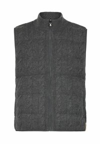 Grau gestrickte Weste mit hohem Kragen und durchgehendem Frontreißverschluss. Verfügt über ein strukturiertes Zopfmuster und seitliche Akzente aus dunklem Stoff.