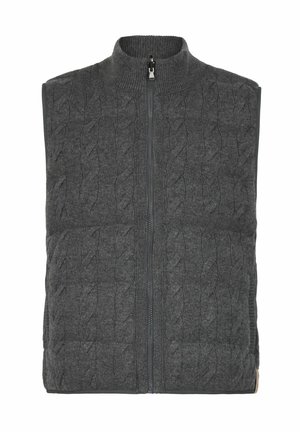 Szary dziergany bezrękawnik z wysokim kołnierzem i przednim zamkiem błyskawicznym. Charakteryzuje się fakturowanym wzorem warkocza oraz bocznymi akcentami z ciemnej tkaniny.