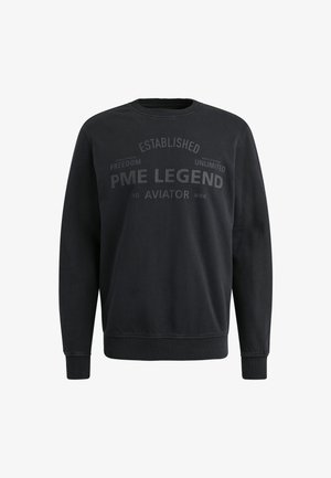 Zwarte sweatshirt van katoen, met een ronde hals, lange mouwen en een grafische print op de voorkant met tekst in verschillende groottes en lettertypen.