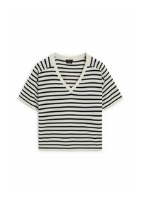 Czarnobiała, paskowana skórka z krótkim rękawem, wycięciem w kształcie litery V oraz miękką teksturą. Posiada równomierne, poziome paski na całej powierzchni.