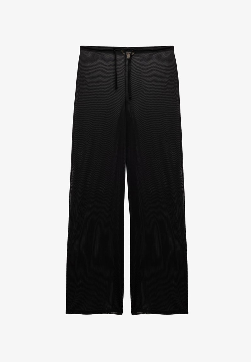 Pantaloni neri a gamba larga in rete con vita regolabile, tessuto semitrasparente e orlo dritto.