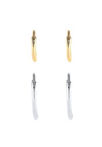 Et sæt af hoopearrings: den ene i poleret guld, den anden i skinnende sølv. Begge har et glat, bøjet design og minimalt hardware.