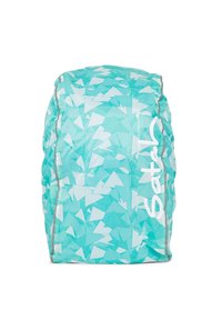 Zaino blu chiaro con un motivo geometrico triangolare bianco, realizzato in un materiale morbido e leggero con accenti grigi.