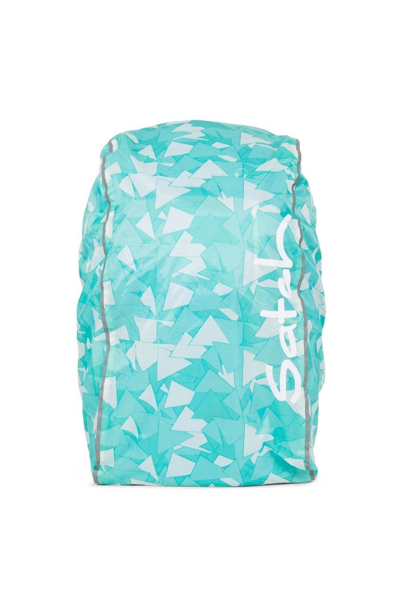 Zaino blu chiaro con un motivo geometrico triangolare bianco, realizzato in un materiale morbido e leggero con accenti grigi.